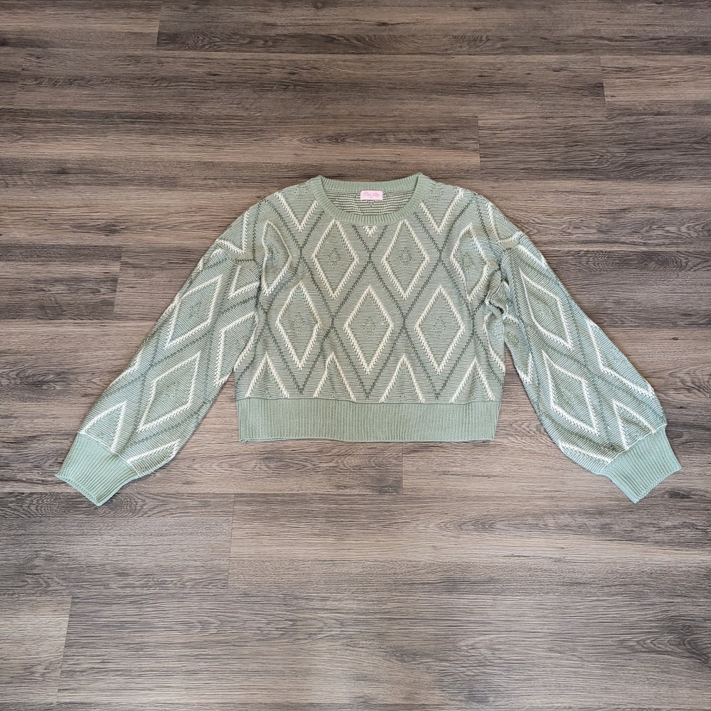 Pink‎ Lily Diamond Knit Sweater Pullover Long Sleeve Green XL